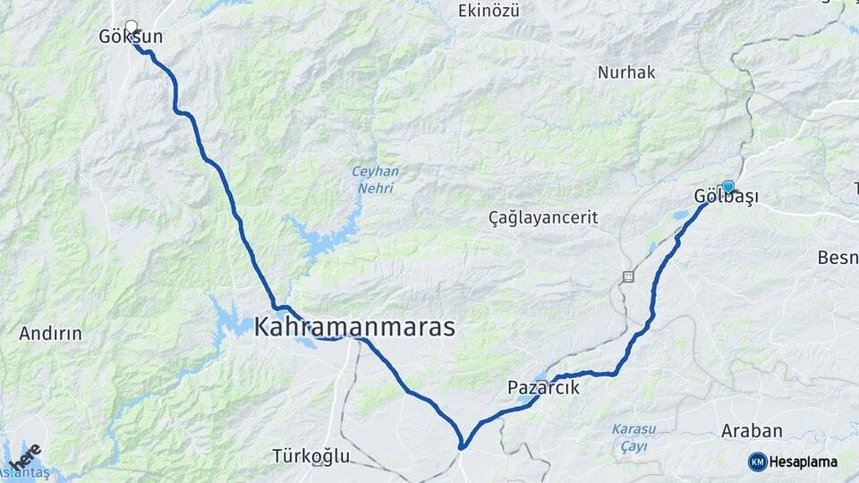 Adıyaman Gölbaşı Göksun Kahramanmaraş Arası Kaç Km - Yol Haritası