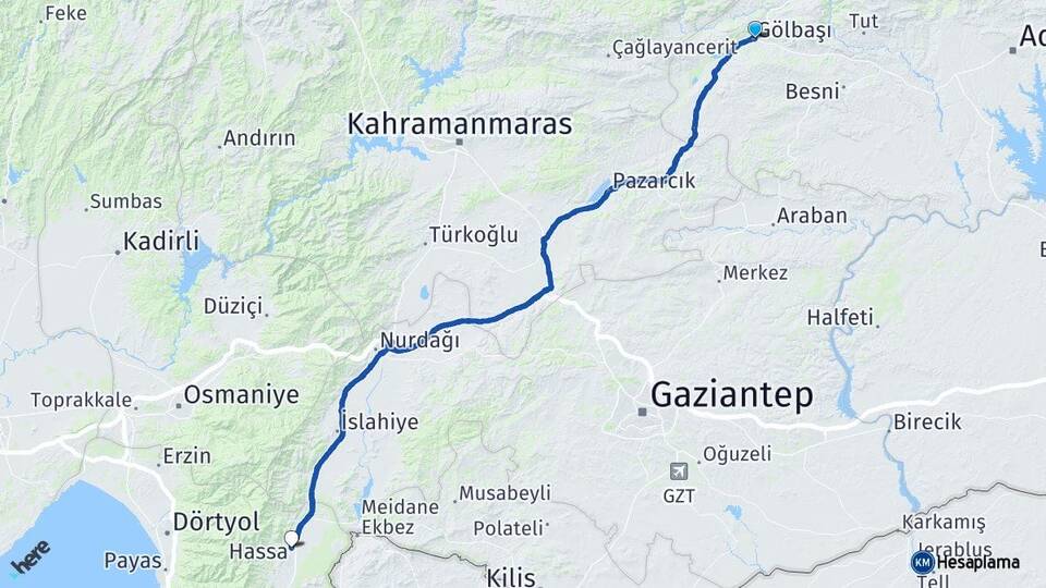 Adıyaman Gölbaşı Hassa Hatay Arası Kaç Km - Yol Haritası