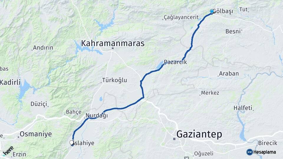 Adıyaman Gölbaşı İslahiye Gaziantep Arası Kaç Km - Yol Haritası