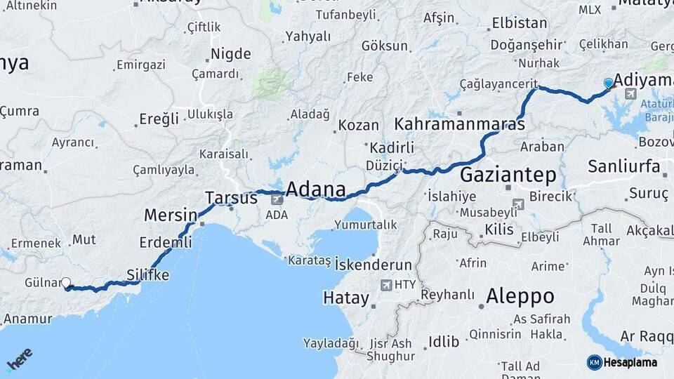 Adıyaman Gülnar Mersin Arası Kaç Km - Yol Haritası