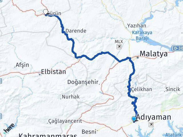Adıyaman Gürün Sivas Arası Kaç Km - Yol Haritası