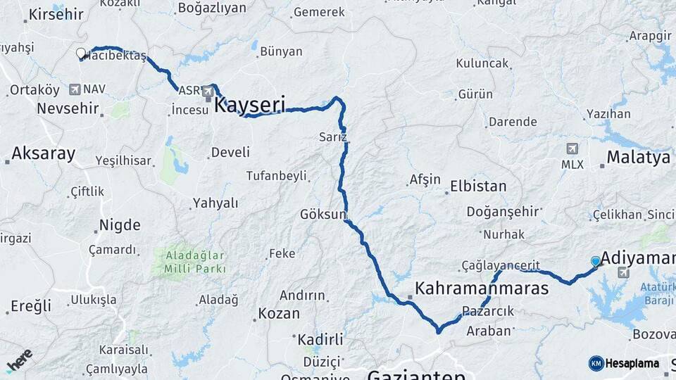 Adıyaman Hacıbektaş Nevşehir Arası Kaç Km - Yol Haritası