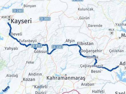 Adıyaman Hacılar Kayseri Arası Kaç Km - Yol Haritası