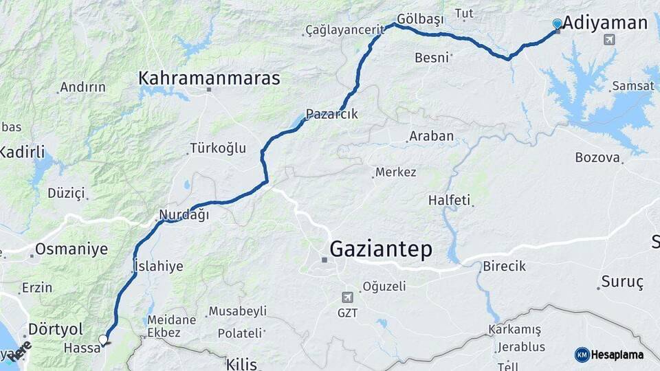 Adıyaman Hassa Hatay Arası Kaç Km - Yol Haritası