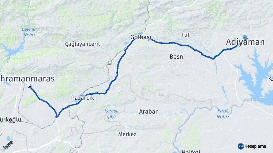 Adıyaman Kahramanmaraş Havalimanı Arası Kaç Km - Yol Haritası