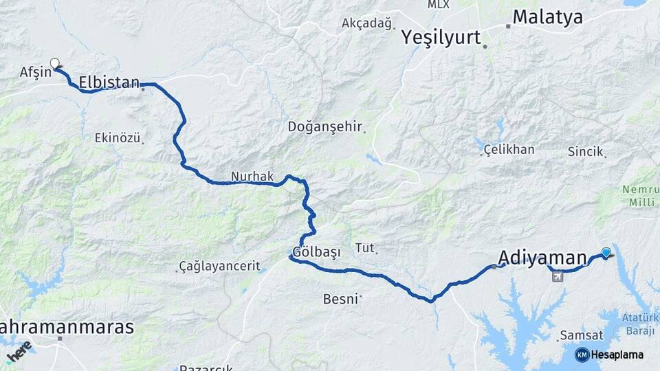 Adıyaman Kahta Afşin Kahramanmaraş Arası Kaç Km - Yol Haritası