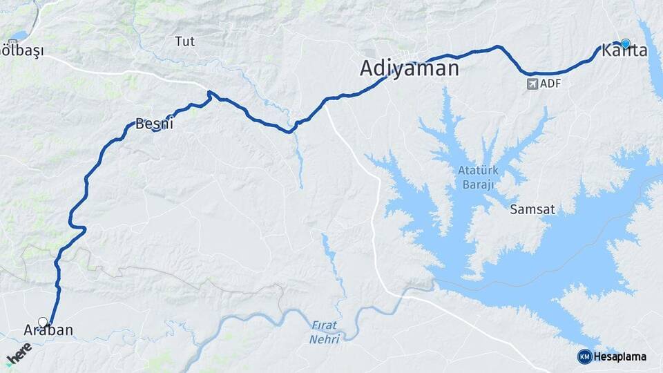 Adıyaman Kahta Araban Gaziantep Arası Kaç Km - Yol Haritası