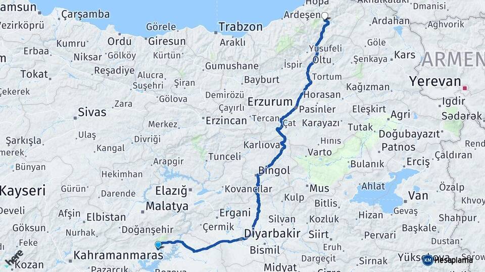 Adıyaman Kahta Artvin Arası Kaç Km - Yol Haritası