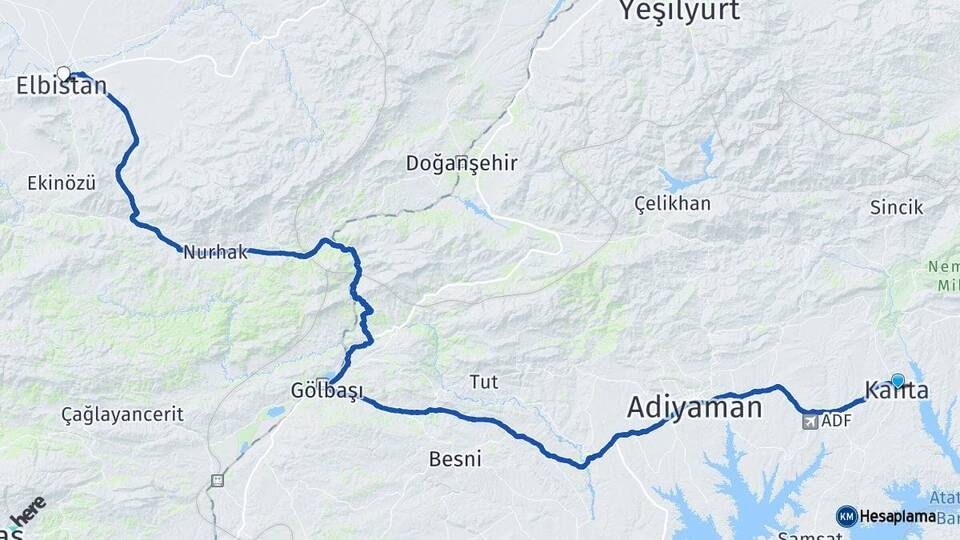 Adıyaman Kahta Elbistan Kahramanmaraş Arası Kaç Km - Yol Haritası