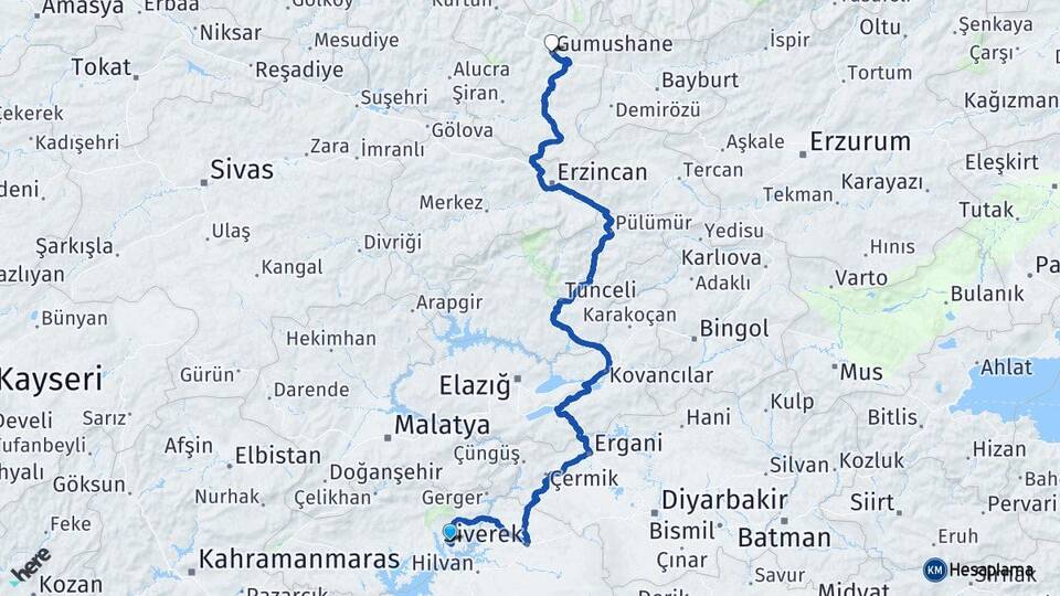 Adıyaman Kahta Menzil Gümüşhane Arası Kaç Km - Yol Haritası