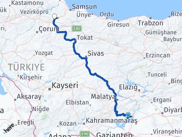 Adıyaman Kahta Menzil Havza Samsun Arası Kaç Km - Yol Haritası