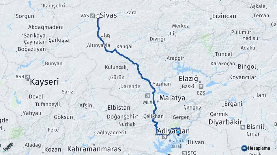 Adıyaman Kahta Menzil Sivas Arası Kaç Km - Yol Haritası