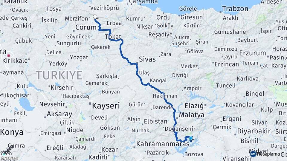 Adıyaman Kahta Menzil Suluova Amasya Arası Kaç Km - Yol Haritası