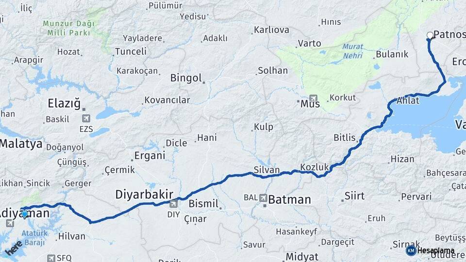 Adıyaman Kahta Patnos Ağrı Arası Kaç Km - Yol Haritası