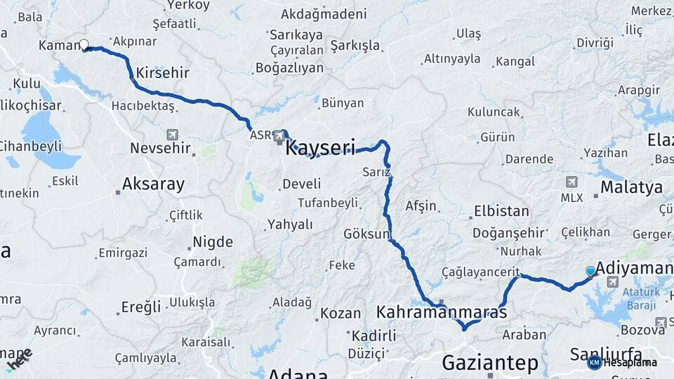 Adıyaman Kaman Kırşehir Arası Kaç Km - Yol Haritası