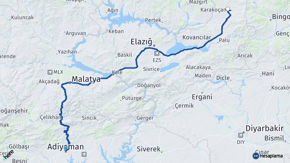 Adıyaman Karakoçan Elazığ Arası Kaç Km - Yol Haritası