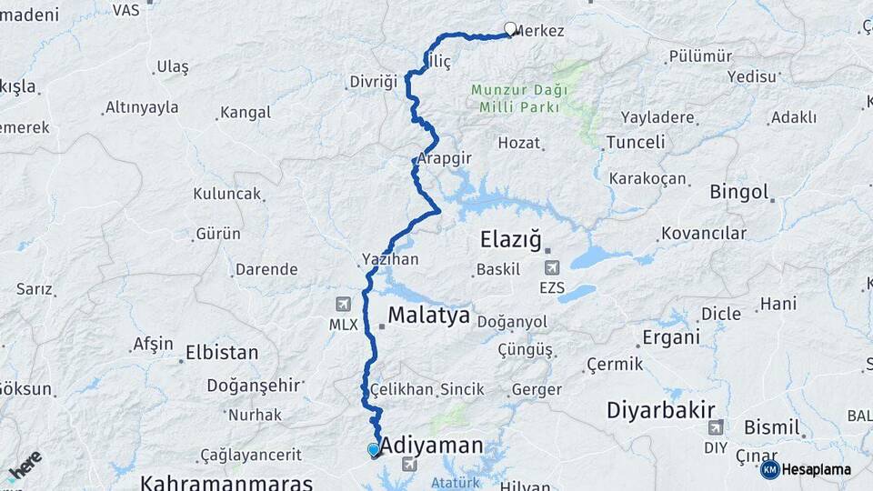 Adıyaman Kemah Erzincan Arası Kaç Km - Yol Haritası
