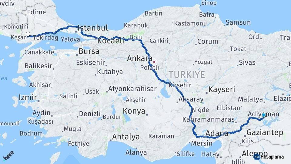 Adıyaman Keşan Edirne Arası Kaç Km - Yol Haritası