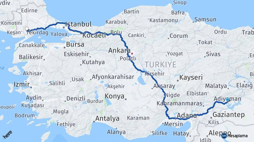 Adıyaman Malkara Tekirdağ Arası Kaç Km - Yol Haritası