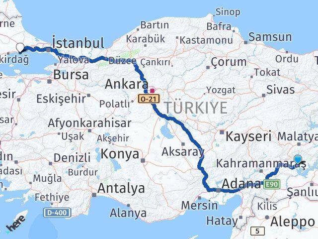 Adıyaman Marmaraereğlisi Tekirdağ Arası Kaç Km - Yol Haritası
