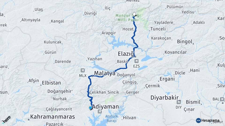 Adıyaman Ovacık Tunceli Arası Kaç Km - Yol Haritası