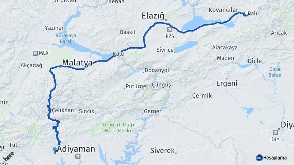 Adıyaman Palu Elazığ Arası Kaç Km - Yol Haritası