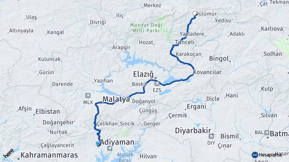 Adıyaman Pülümür Tunceli Arası Kaç Km - Yol Haritası