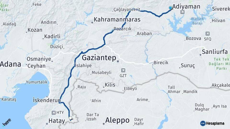 Adıyaman Reyhanlı Hatay Arası Kaç Km - Yol Haritası