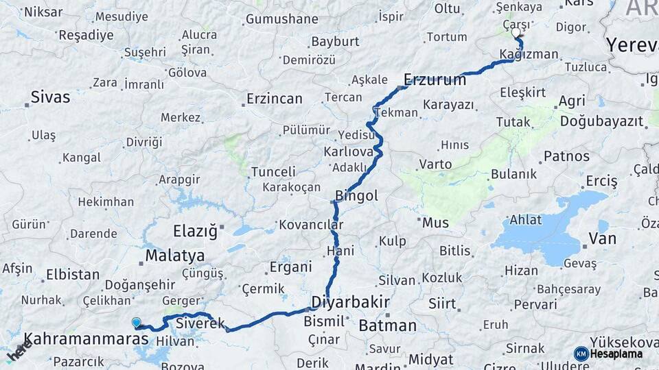 Adıyaman Sarıkamış Kars Arası Kaç Km - Yol Haritası