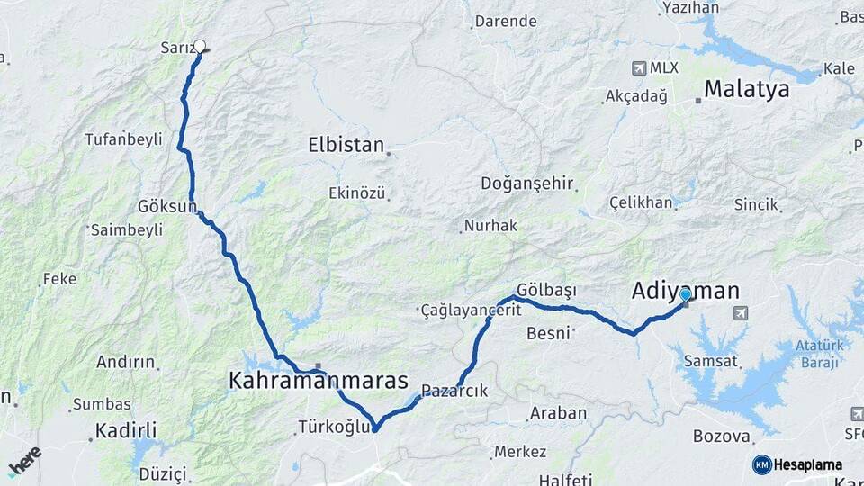 Adıyaman Sarız Kayseri Arası Kaç Km - Yol Haritası