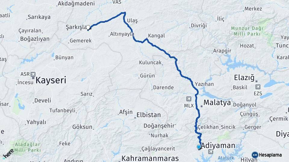 Adıyaman Şarkışla Sivas Arası Kaç Km - Yol Haritası