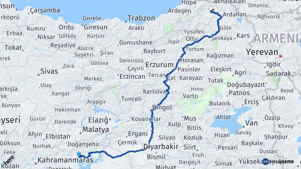 Adıyaman Şavşat Artvin Arası Kaç Km - Yol Haritası