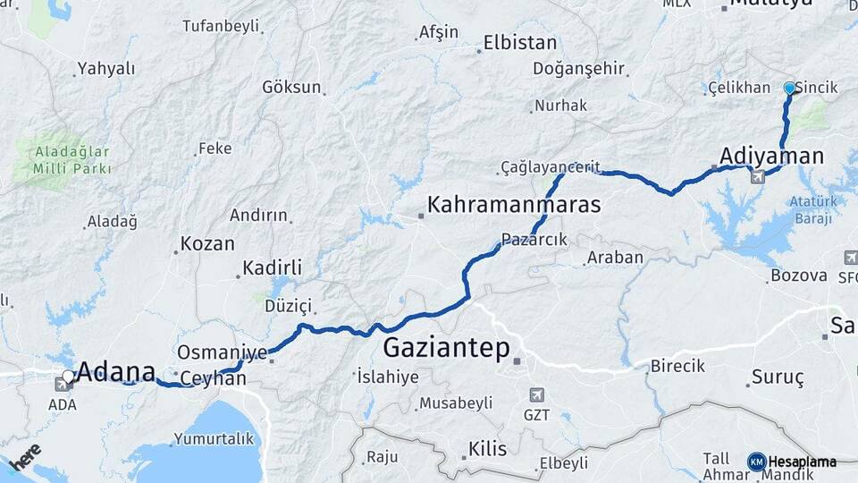 Adıyaman Sincik Adana Arası Kaç Km - Yol Haritası