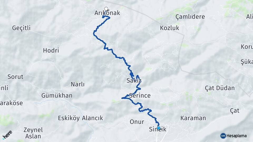 Adıyaman Sincik Arıkonak Sincik Arası Kaç Km - Yol Haritası