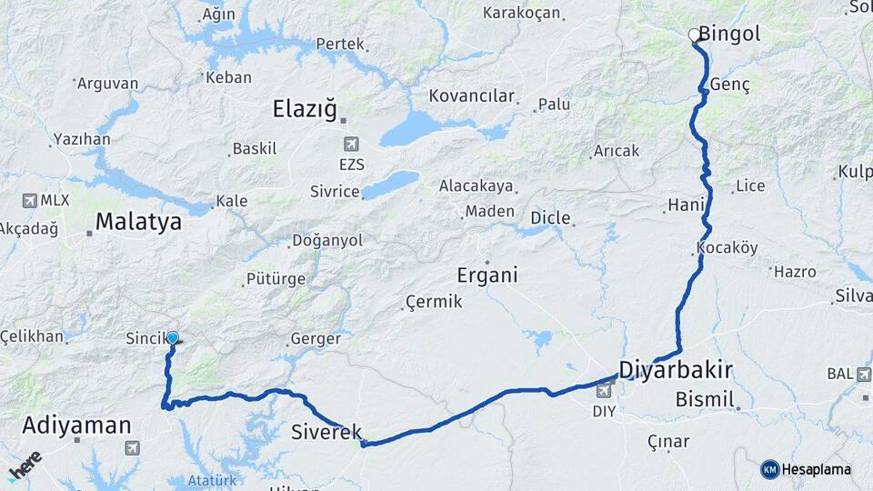 Adıyaman Sincik Bingöl Arası Kaç Km - Yol Haritası