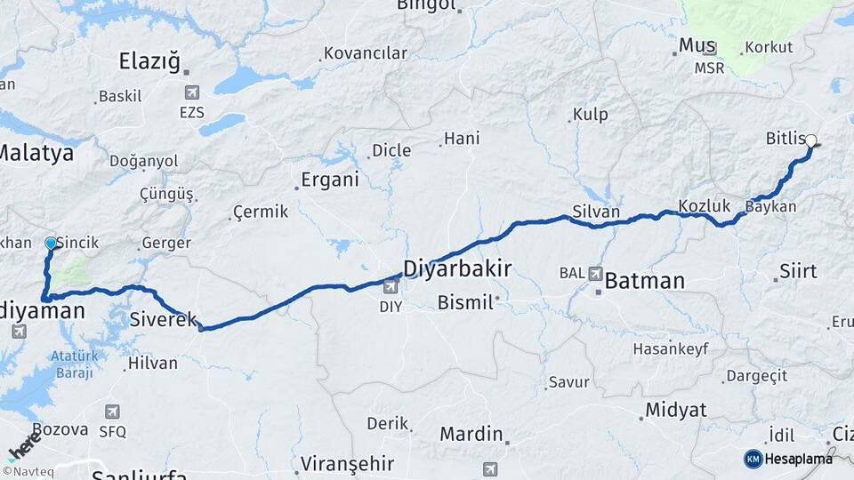 Adıyaman Sincik Bitlis Arası Kaç Km - Yol Haritası