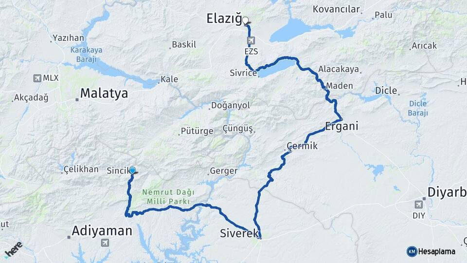 Adıyaman Sincik Elazığ Arası Kaç Km - Yol Haritası
