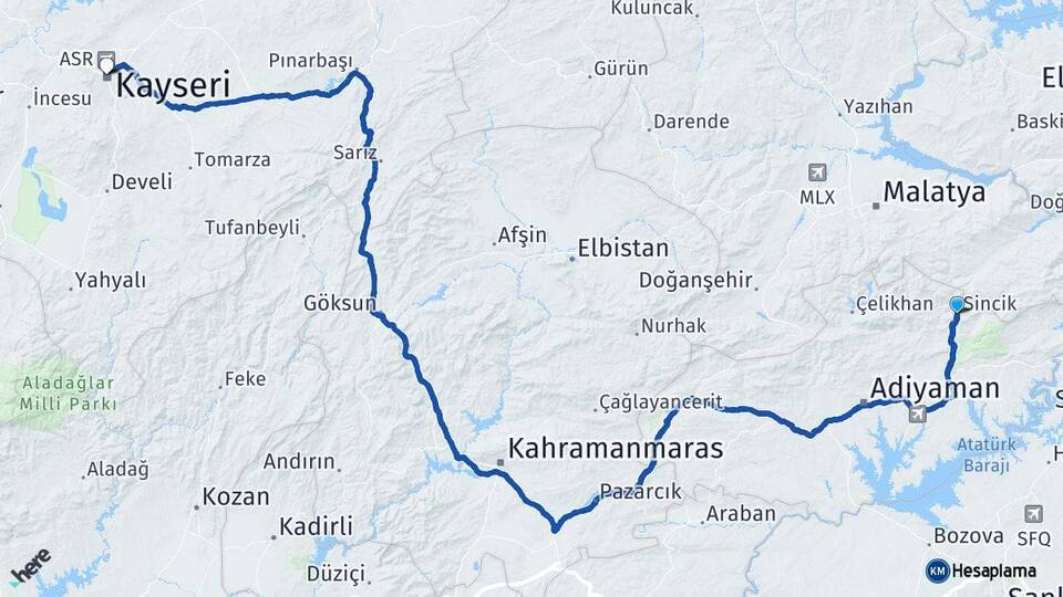 Adıyaman Sincik Kayseri Arası Kaç Km - Yol Haritası