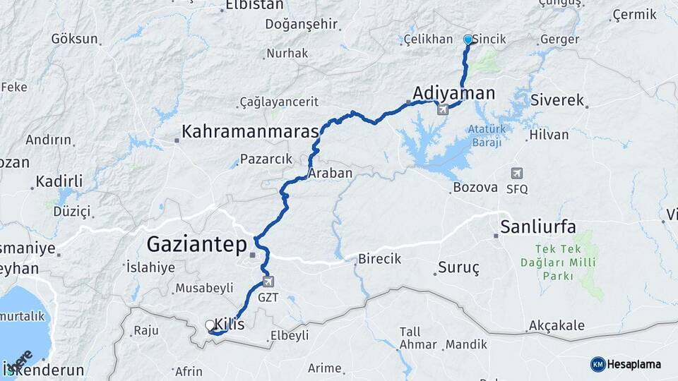 Adıyaman Sincik Kilis Arası Kaç Km - Yol Haritası