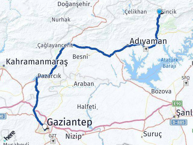 Adıyaman Sincik Şahinbey Gaziantep Arası Kaç Km - Yol Haritası