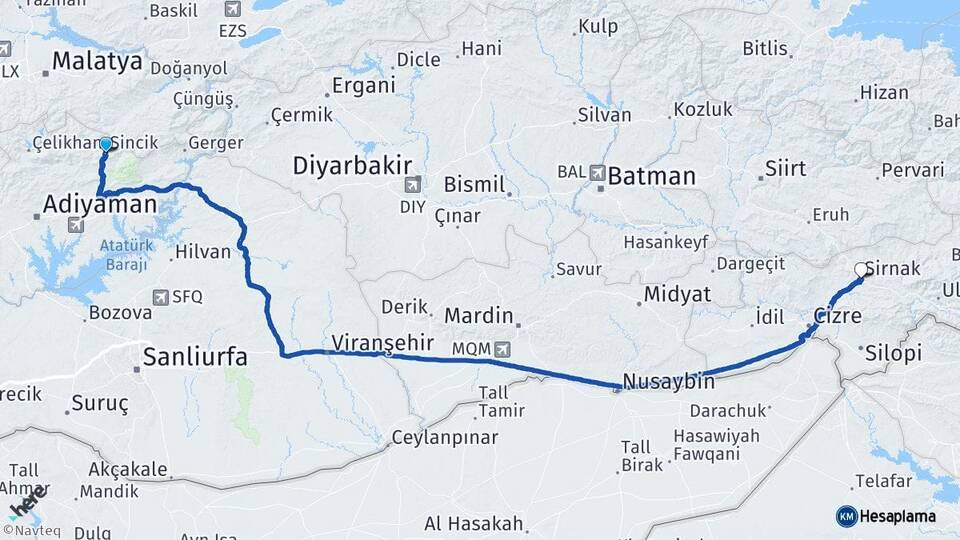 Adıyaman Sincik Şırnak Arası Kaç Km - Yol Haritası