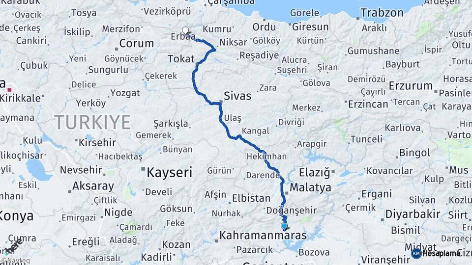 Adıyaman Taşova Amasya Arası Kaç Km - Yol Haritası