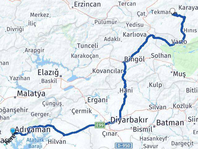 Adıyaman Tekman Erzurum Arası Kaç Km - Yol Haritası