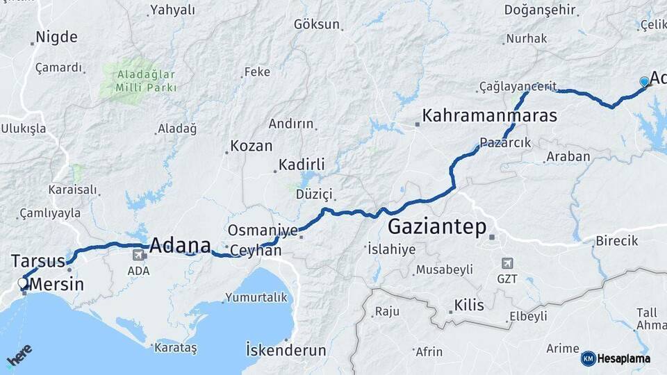 Adıyaman Toroslar Mersin Arası Kaç Km - Yol Haritası
