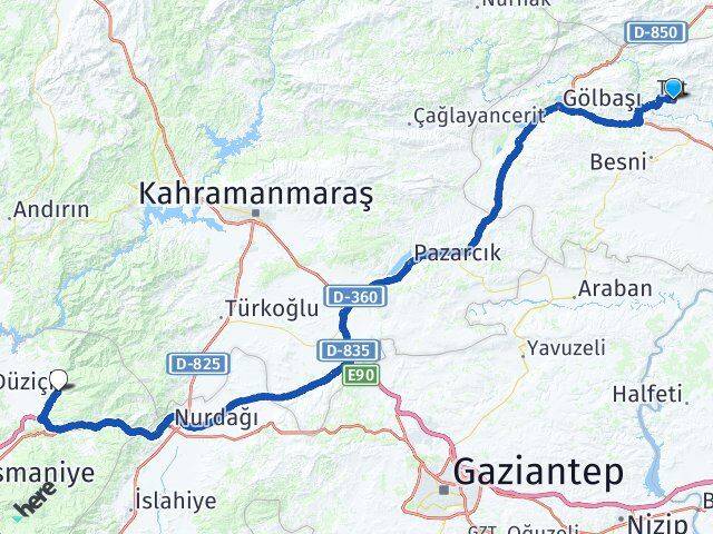 Adıyaman Tut Düziçi Osmaniye Arası Kaç Km - Yol Haritası