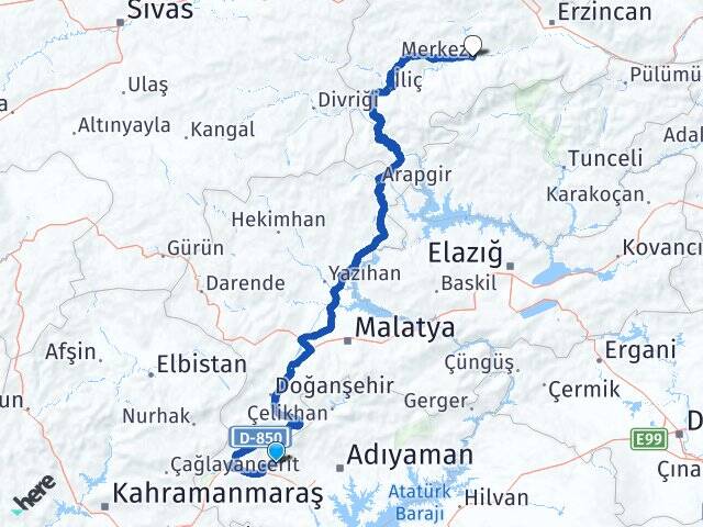 Adıyaman Tut Kemah Erzincan Arası Kaç Km - Yol Haritası