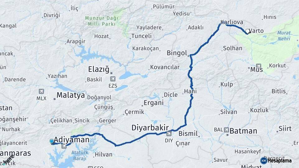 Adıyaman Varto Muş Arası Kaç Km - Yol Haritası