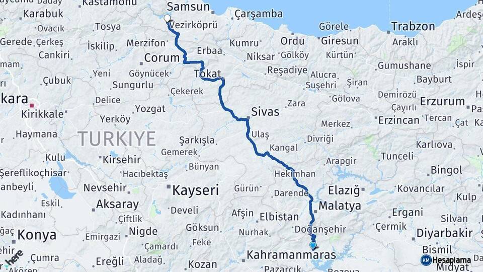 Adıyaman Vezirköprü Samsun Arası Kaç Km - Yol Haritası