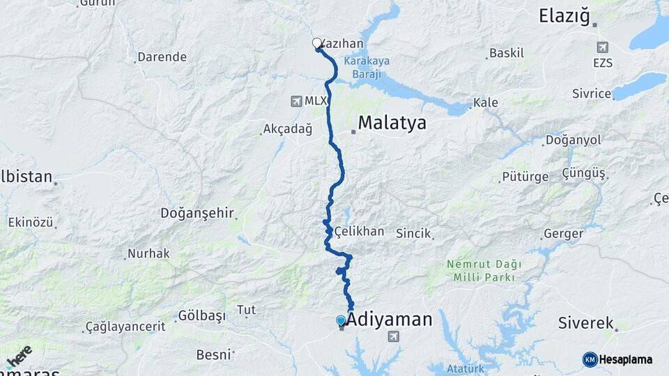 Adıyaman Yazıhan Malatya Arası Kaç Km - Yol Haritası