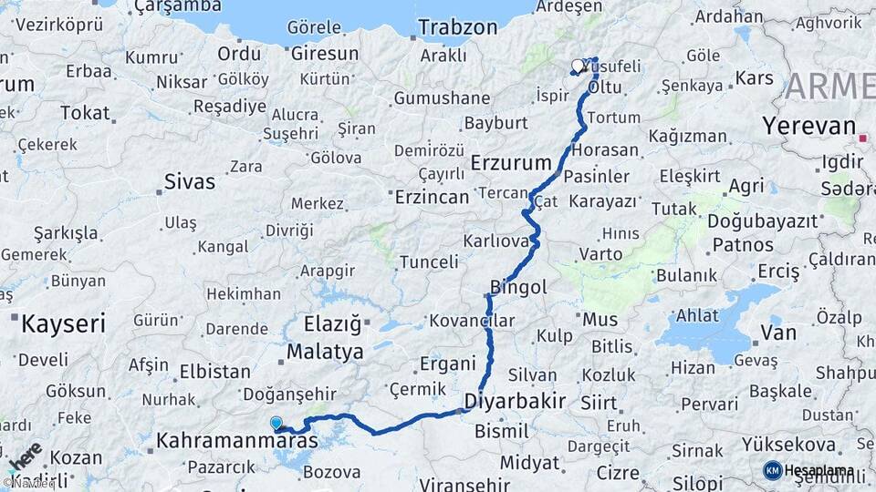 Adıyaman Yusufeli Artvin Arası Kaç Km - Yol Haritası
